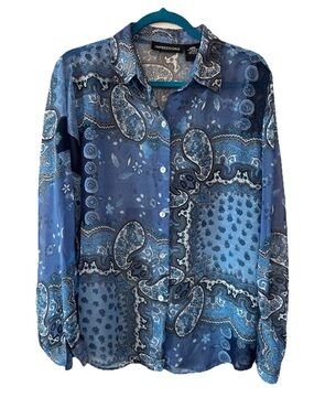 Y2K Blue Paisley Sheer Blouse Boho Western Button Up L Festival